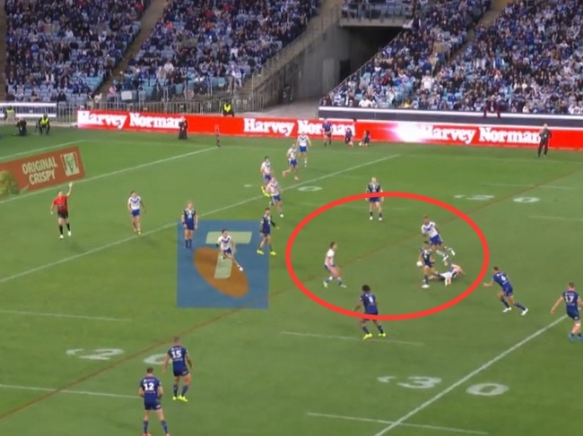 Late tackle from the Bulldogs v Warriors game. NRL Imagery