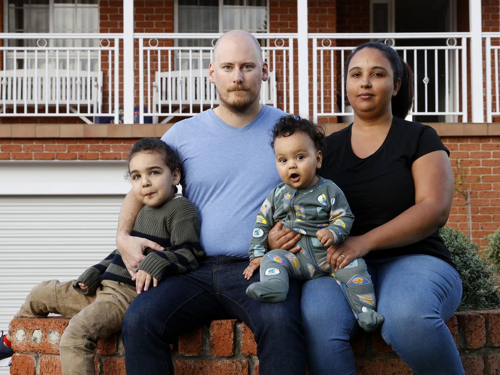 Chris and Merna Meurant with their children Noah, 4, and 7-month-old Sam at their Glen Alpine rental home. Picture: Jonathan Ng