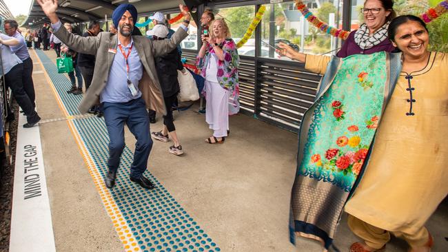 Surinder Kaur (far right) welcoming The Bollywood Express into Coffs Harbour Train Station in 2019.