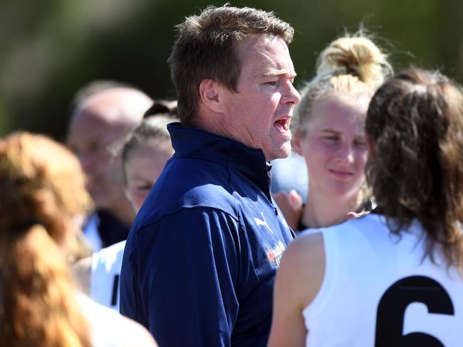 Coach of the Knights Marcus Abney-Hastings is seen during the girls NAB League match between the Northern Knights and Calder Cannons in Bundorra, Saturday, February 28, 2020. (Photo/Julian Smith)