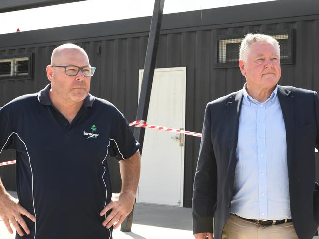 Left: Lismore Mayor Steve Krieg with Lismore City Council General manager John Walker at Mortimer Oval in Lismore on Thursday. Picture Cath Piltz