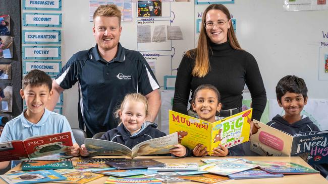 30-04-2024 Whittington Primary School teachers Shannon Griffin and Darcy Wilson with students Abilesh Punniyamoorthy, Evie-Jayde Connelly, Mumbi Njogu and Logan Shrestha. Picture: Brad Fleet