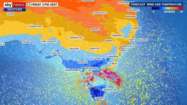 Friday will bring heat and storms for the east but cooler conditions in the south. Picture: Sky News Weather