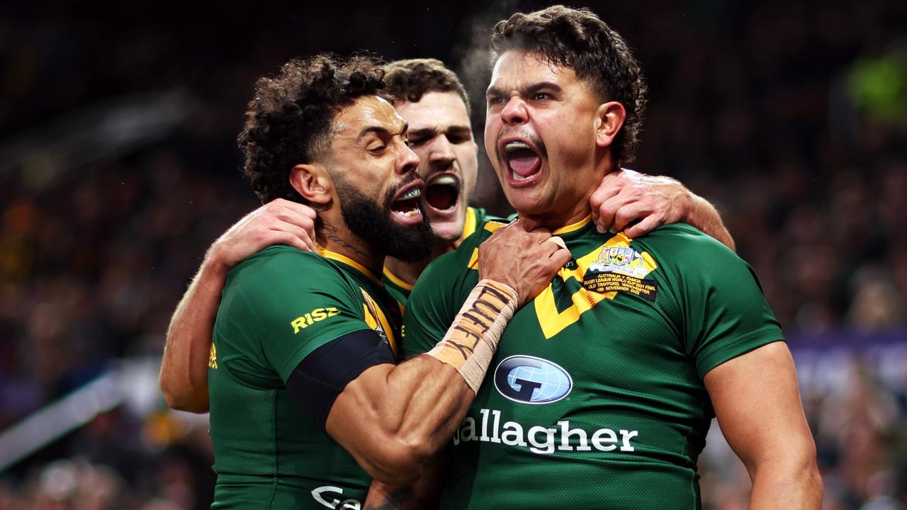 Latrell Mitchell celebrates during the final of the 2022 Rugby League World Cup. Picture: Getty