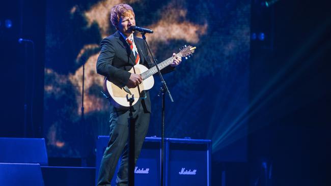 Ed Sheeran wore a St Kilda tie in a nod to Gudinski’s AFL team. Picture: Mushroom Creative Group