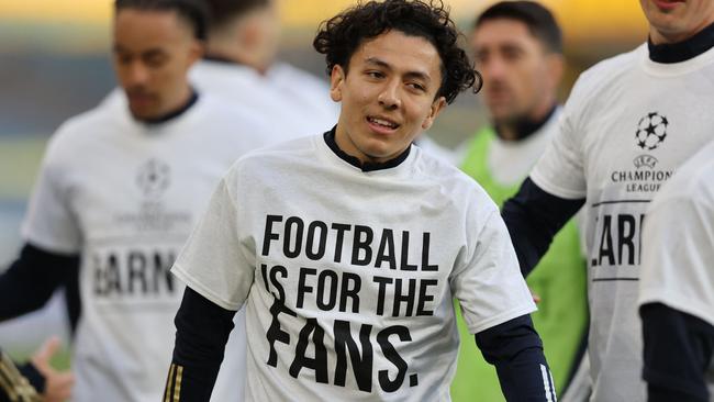 Leeds United's Ian Poveda wears a T-shirt with a slogan against a proposed new European Super League. Picture: AFP