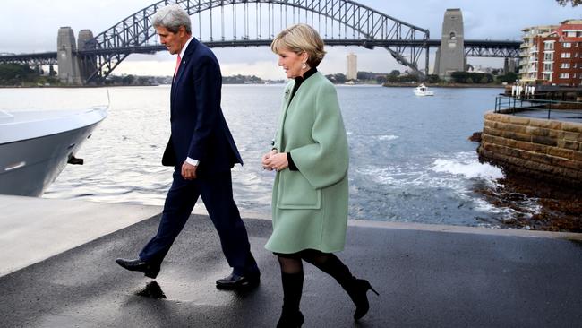 She loves boots ... Foreign Minister Julie Bishop with US Secretary of State John Kerry. Picture: News Corp Australia
