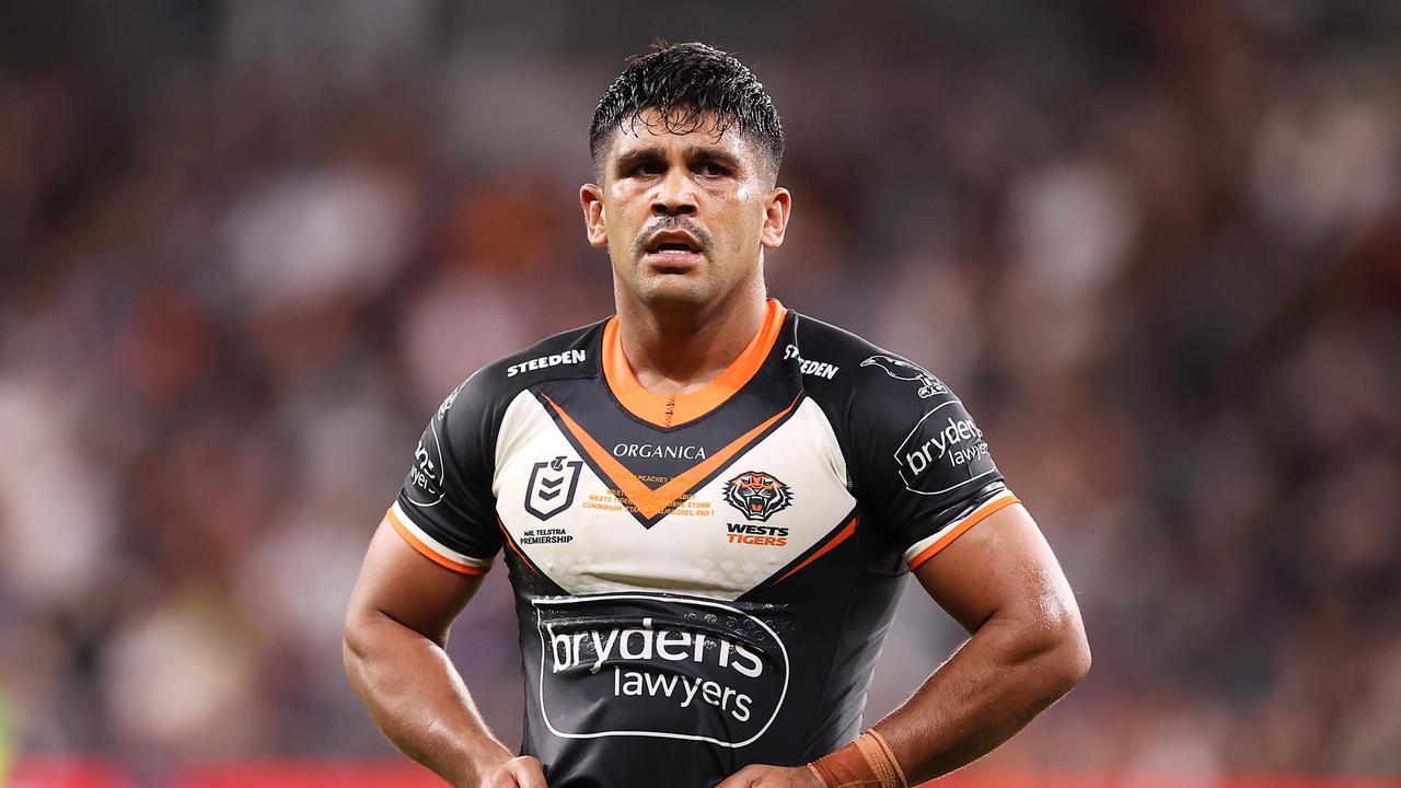 SYDNEY, AUSTRALIA - MARCH 12: Tyrone Peachey of the Tigers looks dejected after a try during the round one NRL match between the Wests Tigers and the Melbourne Storm at CommBank Stadium, on March 12, 2022, in Sydney, Australia. (Photo by Mark Kolbe/Getty Images)