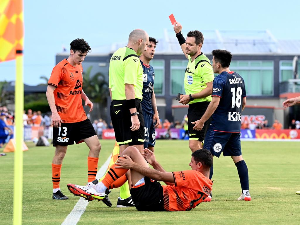 Referee Chris Beath sends off Adelaide’s Javi Lopez at Moreton Daily Stadium. Picture: Bradley Kanaris/Getty Images