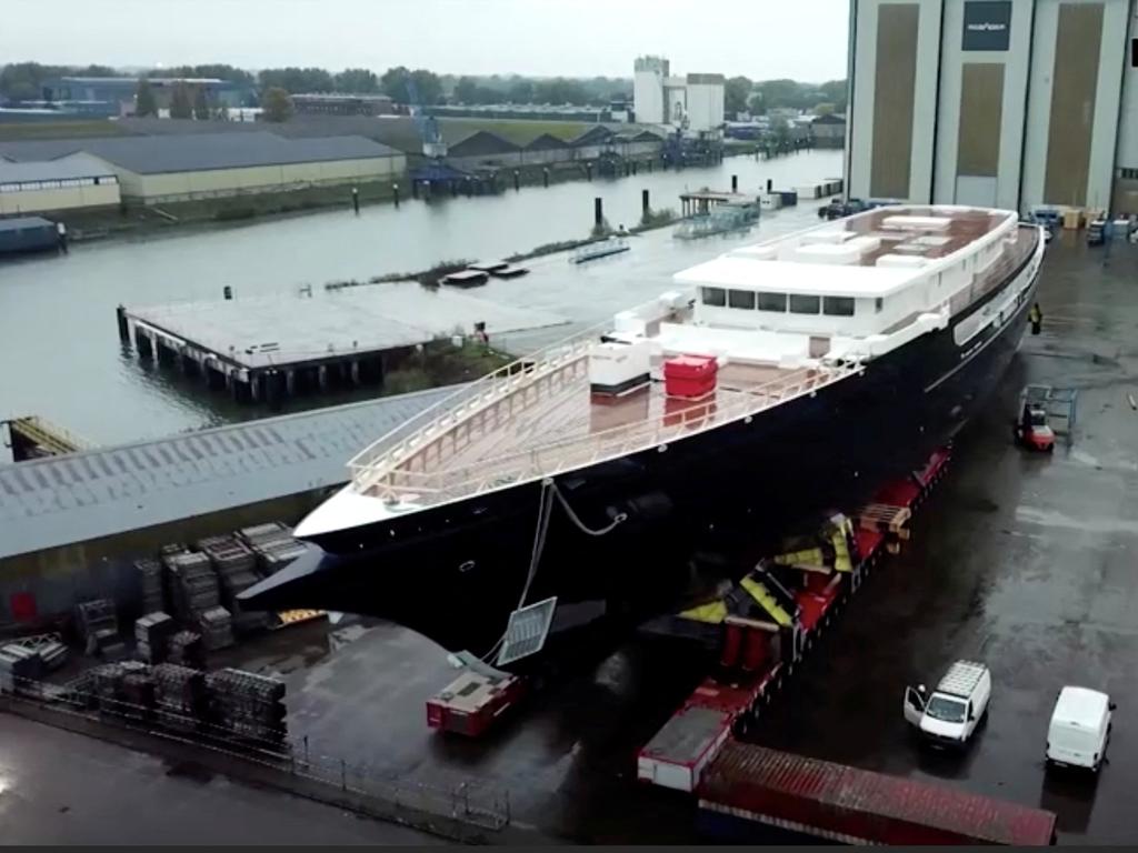 Bezos’ 127m-long yacht in Rotterdam, Netherlands. Picture: Dutch Yachting