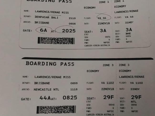 The boarding passes of Renae Lawrence show she will fly to Brisbane and then on to Newcastle.