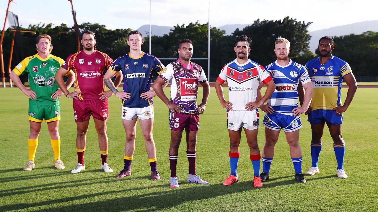 Mareeba Gladiators' Ryan Flegler, Southern Suburbs Cockatoos' Cephas Chinfat, Edmonton Storm's Aaron Simpson, Yarrabah Seahawks' Ammiel Harris, Ivanhoe Knights' Rhylee Herd, Cairns Brothers' Elijah Simpson and Cairns Kangaroos' Bradley Stephens are ready to battle for the 2022 Cairns District Rugby League A Grade premiership. Picture: Brendan Radke