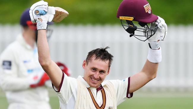 Labuschagne celebrates his Shield century against New South Wales.