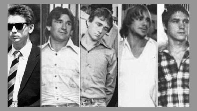 The five men who murdered Anita Cobby. From left: John Travers, Michael Murphy, Leslie Murphy, Gary Murphy and Michael Murdoch.