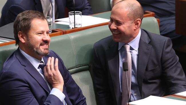 Labor's Ed Husic talking with Josh Frydenberg today. Picture: Kym Smith.