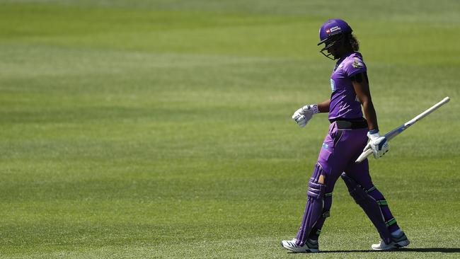 It was a tough day for the Hurricanes with both bat and ball, Hayley Matthews departing after losing her wicket. Picture: Getty Images