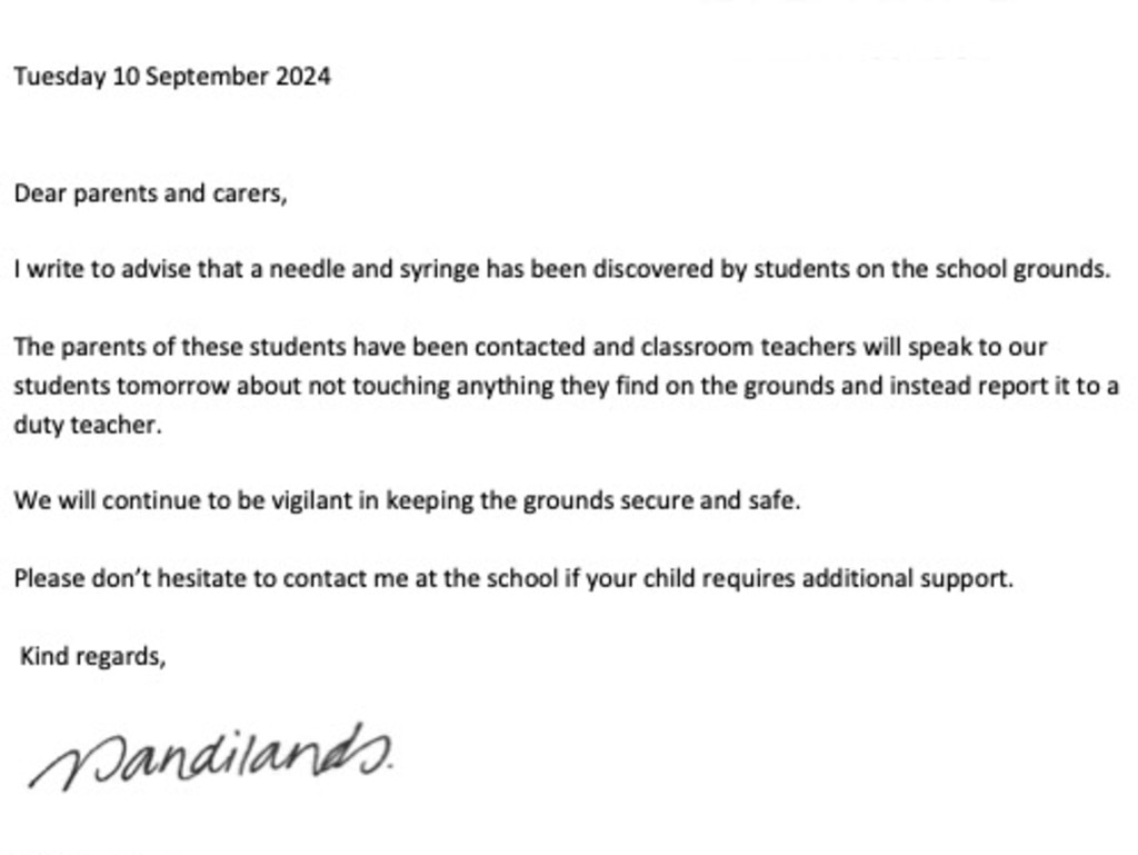 The letter from Roebuck Primary School principal Nikki Sandilands to parents and carers about the discovery of a needle on school grounds. Picture: Supplied