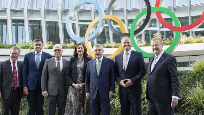 IOC president Thomas Bach with Annastacia Palaszczuk, Federal MP Ted O’Brien, Sunshine Coast mayor Mark Jamieson and AOC boss John Coates in Lausanne. Greg Martin/IOC