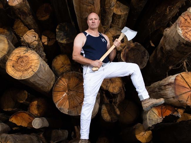 Brad Meyer, 51 Brad and his sons compete in wood chopping competitions. Brad is the president of the Victoria Axemen's Council. Wood chopping as a sport is under threat in Victoria logs are no longer available from Victorian State Forests. Wood chopping competitions require Alpine Ash logs which they can no longer access. Picture: Jason Edwards