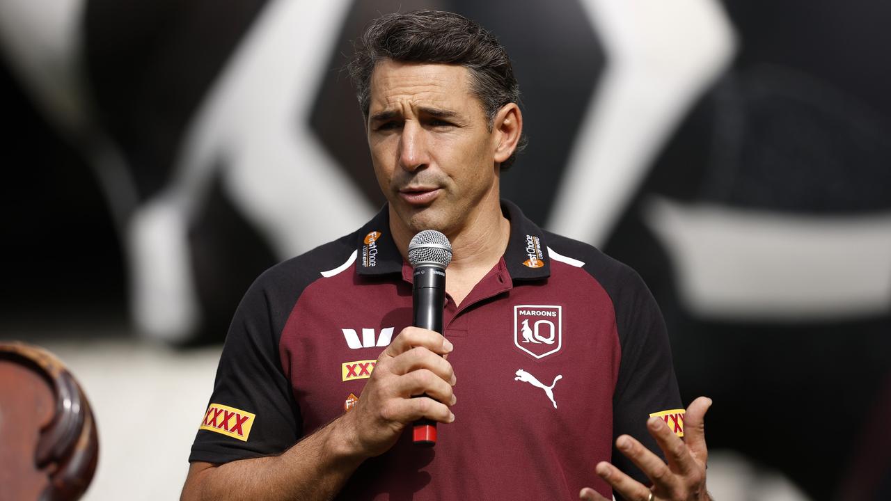 MELBOURNE, AUSTRALIA - APRIL 16: QLD Maroons head coach Billy Slater speaks during the 2024 State of Origin Series Launch at the Melbourne Cricket Ground on April 16, 2024 in Melbourne, Australia. (Photo by Daniel Pockett/Getty Images)
