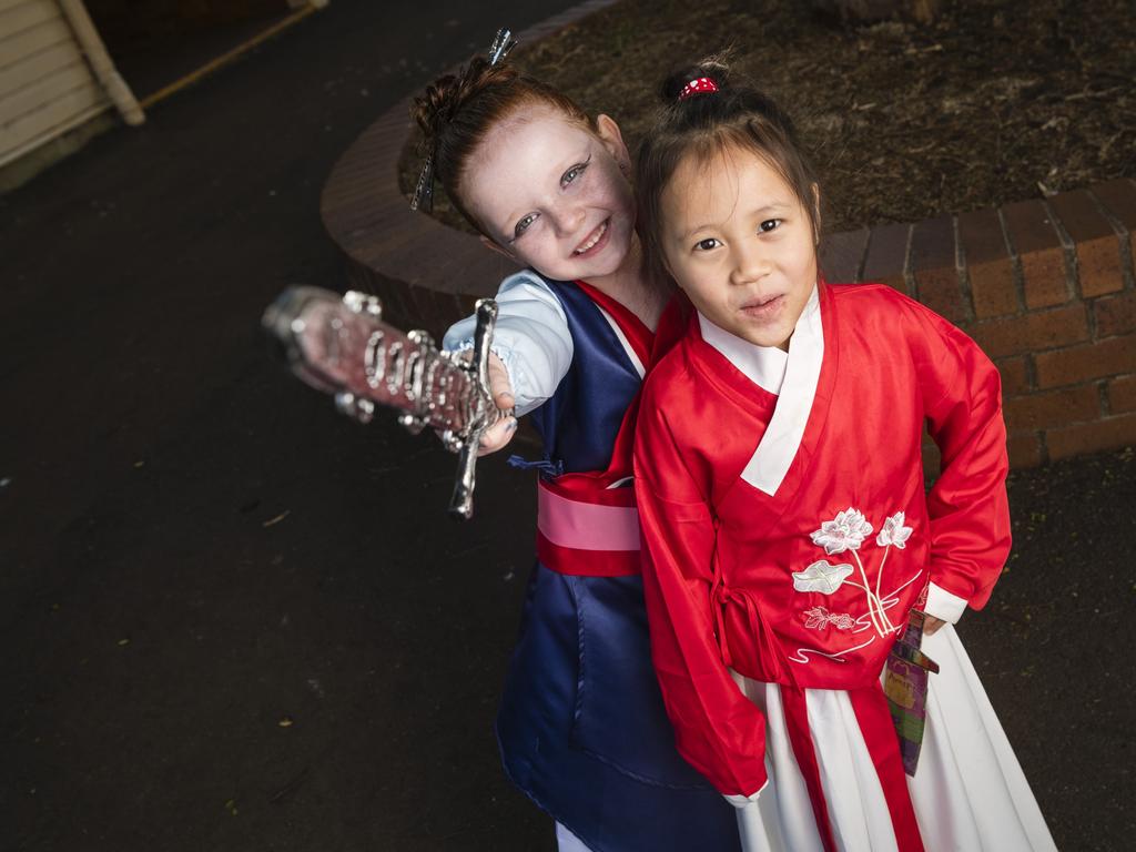 Amie Sheather (left) and Chenxi Ye as Mulan for Book Week at Rangeville State School, Friday, August 25, 2023. Picture: Kevin Farmer