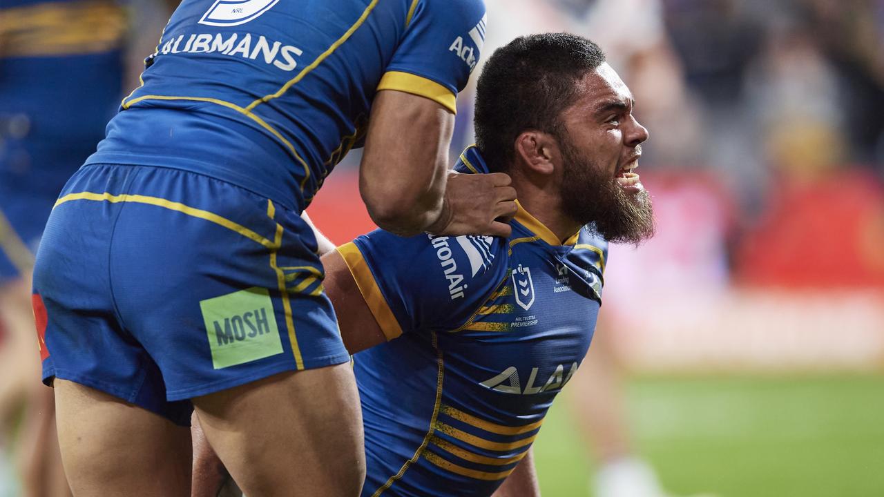 SYDNEY, AUSTRALIA - JUNE 18: Isaiah Papali'i of the Eels celebrates scoring a try during the round 15 NRL match between the Parramatta Eels and the Sydney Roosters at CommBank Stadium, on June 18, 2022, in Sydney, Australia. (Photo by Brett Hemmings/Getty Images)