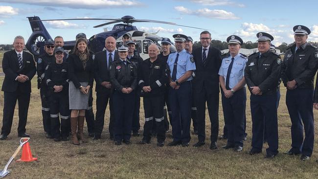 Polair and senior police officers with Ministers David Elliott and Dominic Perrottet and East Hills MP Wendy Lindsay and other officials at Bankstown Airport. Picture: Lawrence Machado