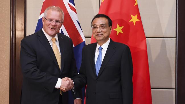 Prime Minister Scott Morrison with Premier of the People's Republic of China Li Keqiang during a bilateral meeting ahead of the ASEAN Summit late last year. Picture: AAP Image/Lukas Coch