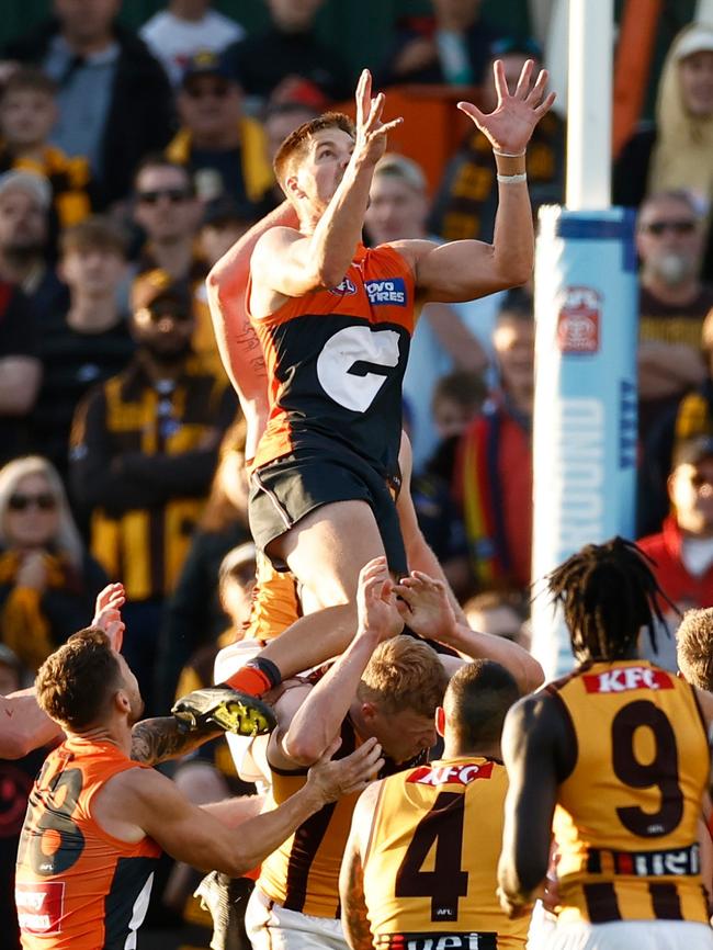 Himmelberg soared for this mark and kicked a goal just moments before his desperate save in defence secured the Giants their two-point victory. Picture: Michael Willson / Getty Images