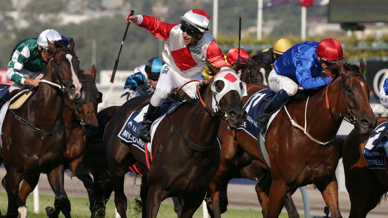 Anthony Darmanin celebrates on Mystic Journey after winning the All Star Mile. Picture: AAP