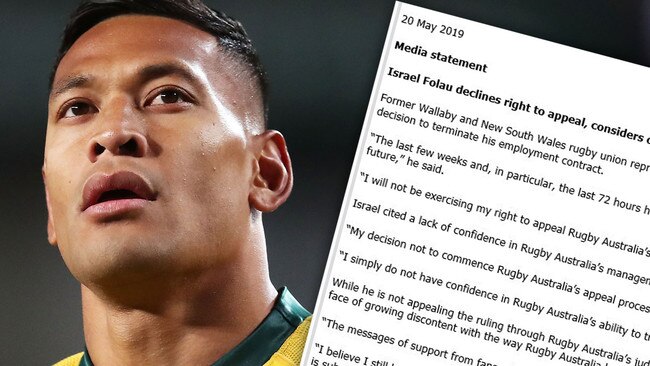 Israel Folau has responded after his Rugby Australia contract was torn up. Picture: Getty Images