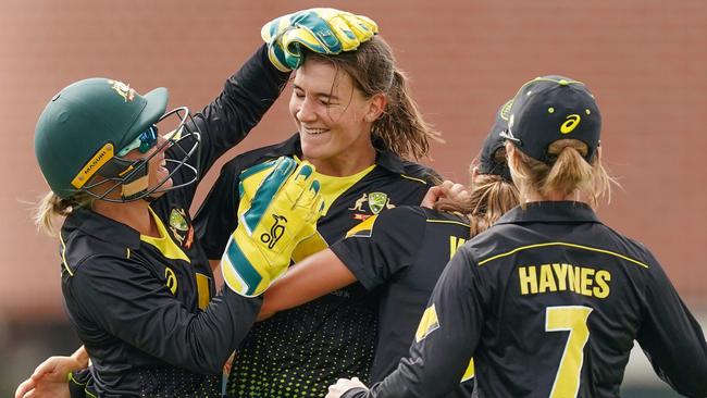 Teenager Annabel Sutherland claimed her first international wicket. Picture: AAP