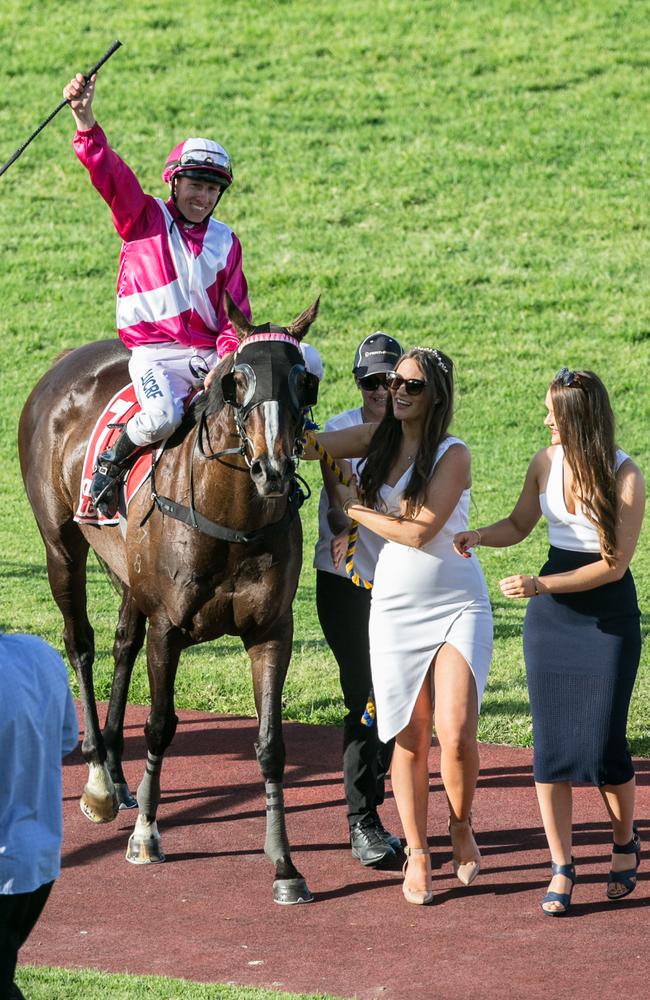 William Pike returns triumphant aboard Elite Belle in the Railway Stakes. Picture: Matthew Poon