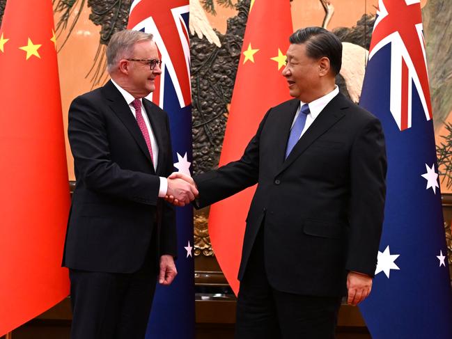 Australia’s Prime Minister Anthony Albanese meets with China’s President Xi Jinping at the Great Hall of the People in Beijing, China, Monday, November 6, 2023. Anthony Albanese will hold talks in China with President Xi Jinping in the first visit to the Asian nation by a sitting prime minister since 2016. (AAP Image/Lukas Coch) NO ARCHIVING