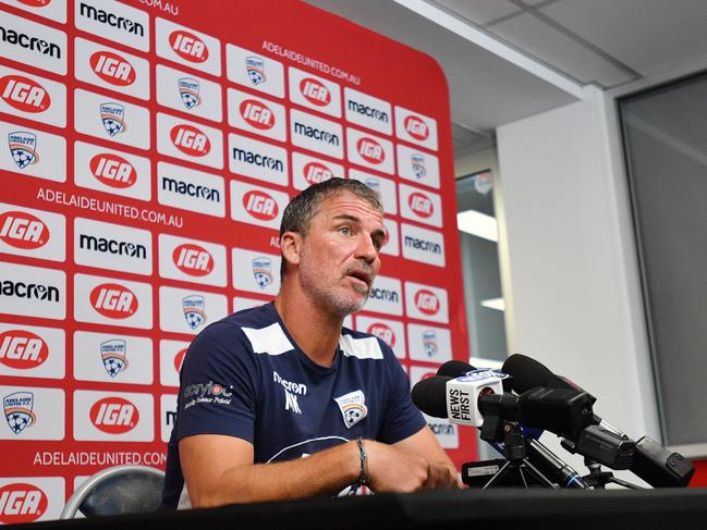 Adelaide United head coach Marco Kurz speaks to the media during a press conference at Coopers stadium in Adelaide, Friday, March 29, 2019. (AAP Image/David Mariuz) NO ARCHIVING