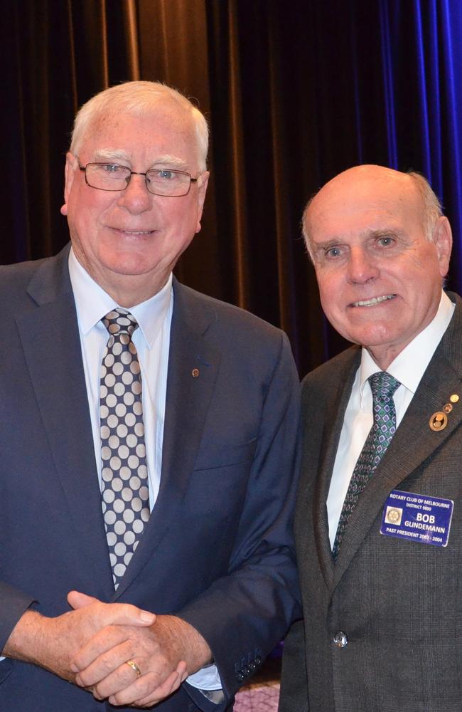 Ian Riseley and Bob Glindemann at the 100th anniversary of Rotary Melbourne. Picture: Supplied