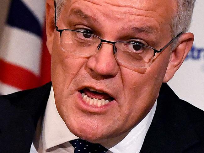 Australian prime minister Scott Morrison speaks at the Australia-Israel Chamber of Commerce luncheon as he campaigns in Melbourne on May 18, 2022 ahead on the May 21 general election. (Photo by William WEST / AFP)