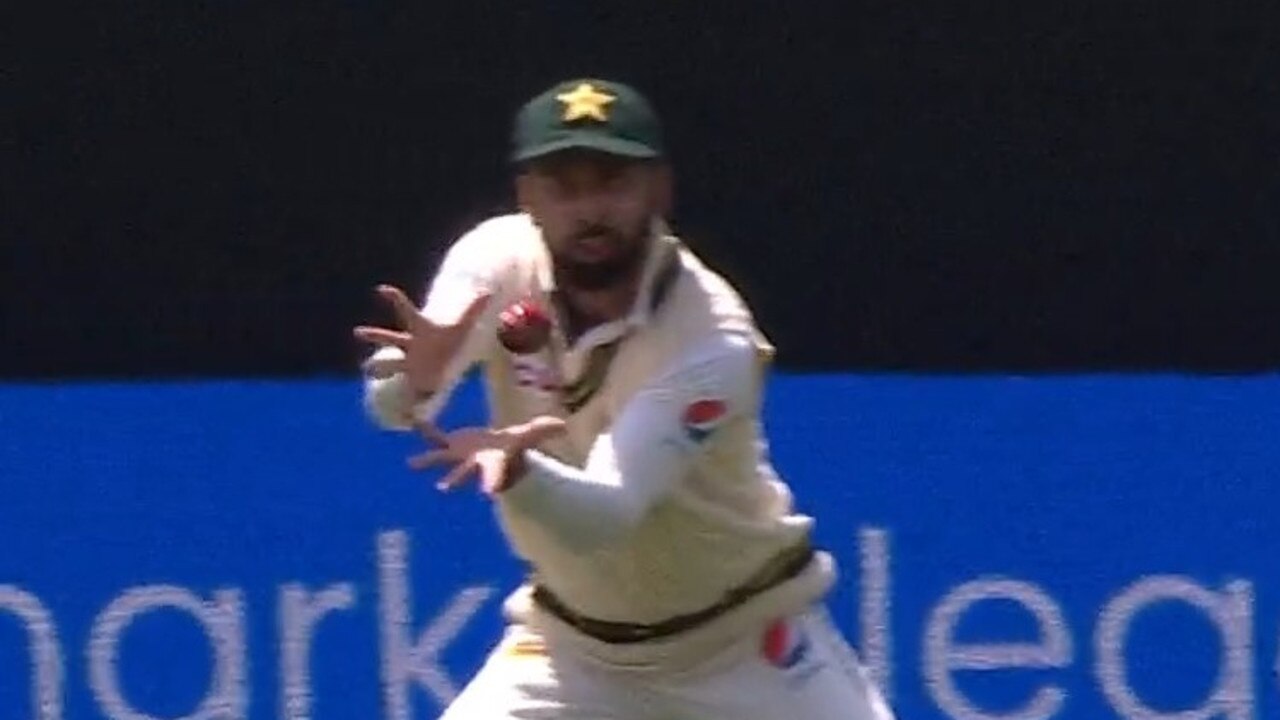 Abdullah Shafique drops a sitter that would have put Pakistan on top. Photo: Fox Cricket.