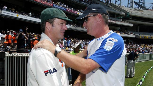 Dean Jones with Steve Waugh during the 2003 Boxing Day Test at the MCG.