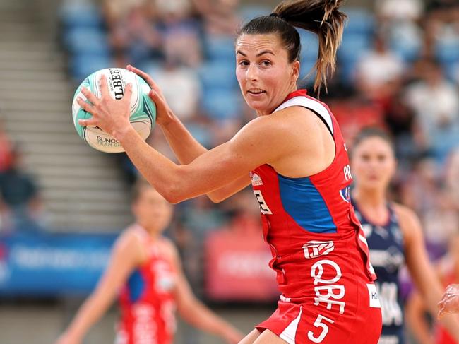 SYDNEY, AUSTRALIA - MARCH 24: Maddy Proud of the Swifts looks to pass the ball during the 2024 Suncorp Team Girls Cup match between the Vixens and the Swifts at Ken Rosewall Arena on March 24, 2024 in Sydney, Australia. (Photo by Mark Metcalfe/Getty Images for Netball Australia)