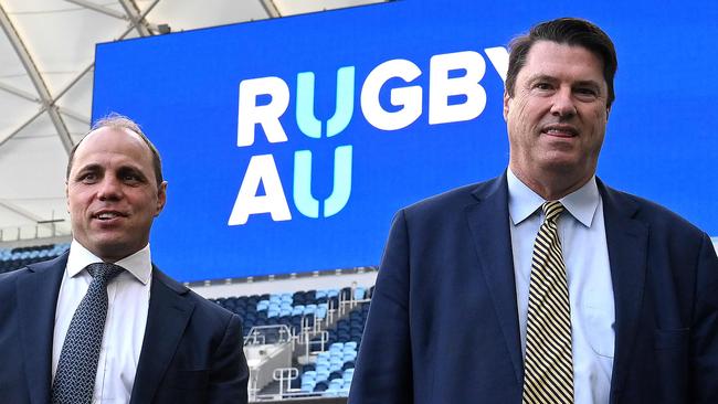 Former Australian player Phil Waugh (L) speaks with Chairman of the Board of Directors of the Australian Rugby Union Hamish McLennan during a press briefing in Sydney on June 6, 2023, after he was named chief executive of the national governing body Rugby Australia. (Photo by SAEED KHAN / AFP) / -- IMAGE RESTRICTED TO EDITORIAL USE - STRICTLY NO COMMERCIAL USE --