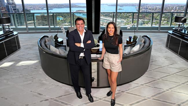 Ian Malouf with daughter Ellie in his luxury apartment at the top of the ANZ building in the CBD. Picture: Toby Zerna