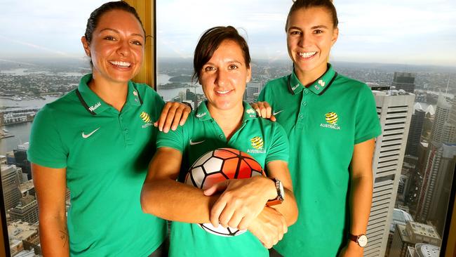 Kyah Simon, Lisa De Vanna and Steph Catley on top of the world at Sydney Tower after the Matildas qualified for the RIO Olympics and were greeted by Prime Minister Malcolm Turnball. Picture: Adam Taylor