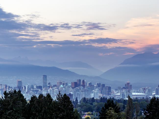 Vancouver skyline at dusk as seen from Queen Elizabeth Park, British Columbia, Canada. Vancouver food. Photo: supplied