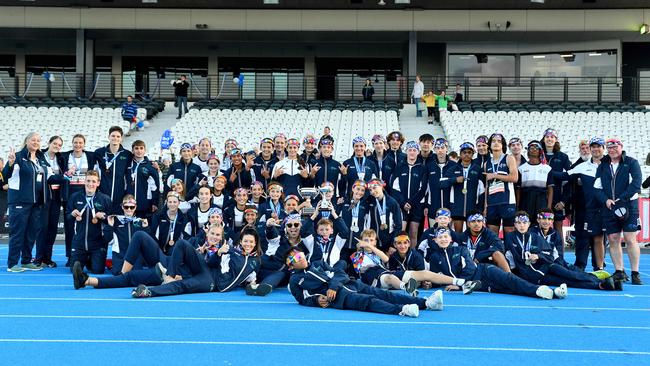 Athletes of Victoria pose during the closing ceremony of the Australian Little Athletics Championships at Lakeside Stadium in Albert Park, Victoria on April 23, 2023.