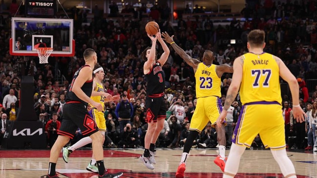 Josh Giddey shoots a game-winning three pointer to beat the Lakers in March. (Photo by Michael Reaves/Getty Images)