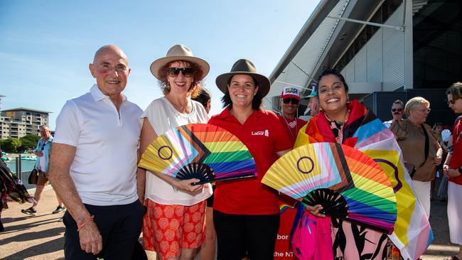 His Honour Professor the Honourable Hugh Heggie AO PSM, Ms Ruth Eirwen Jones, Minister Natasha Fyles and Minister Ngaree Ah Kit as Pride Parade takes off in Darwin City, 2024. Picture: Pema Tamang Pakhrin