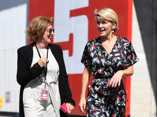 Minister for Foreign Affairs Julie Bishop (right) chats to Village Roadshow Studios president Lynne Benzie after announcing the Federal Government’s four-year $140 million location incentive for big budget films. AAP Image/Dan Peled.