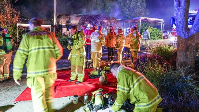 Fire fighters attending a maintenance shed fire at Lake Hume Resort. Picture: Simon Dallinger