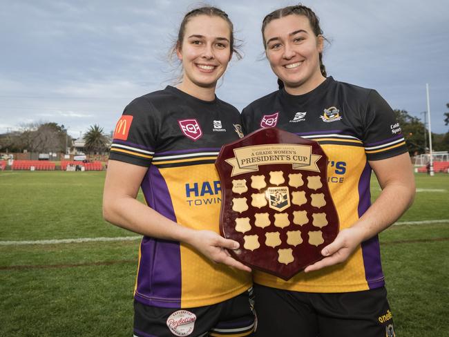 Gatton players Caitlin Nolan (left) and Ashlea Nolan celebrate the win. Picture: Kevin Farmer.